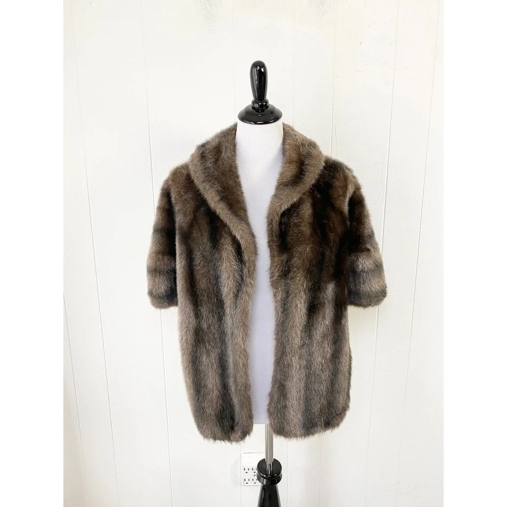 Regina Glenara by Glenoit Vintage Faux Fur Stole Wrap Brown Striped Shawl Collar